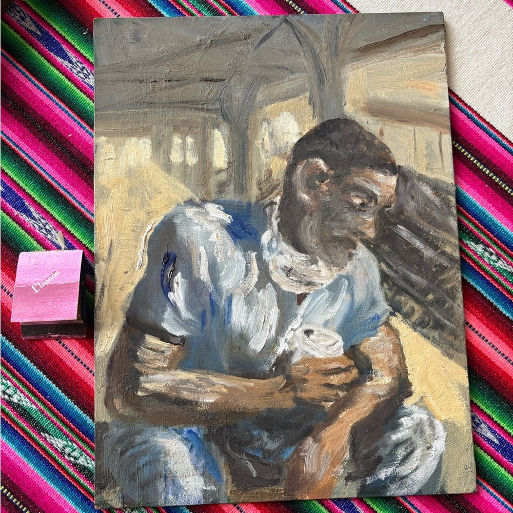 Vintage & Signed, Portrait Painting in Blue and Gray Tones, 9”x12”